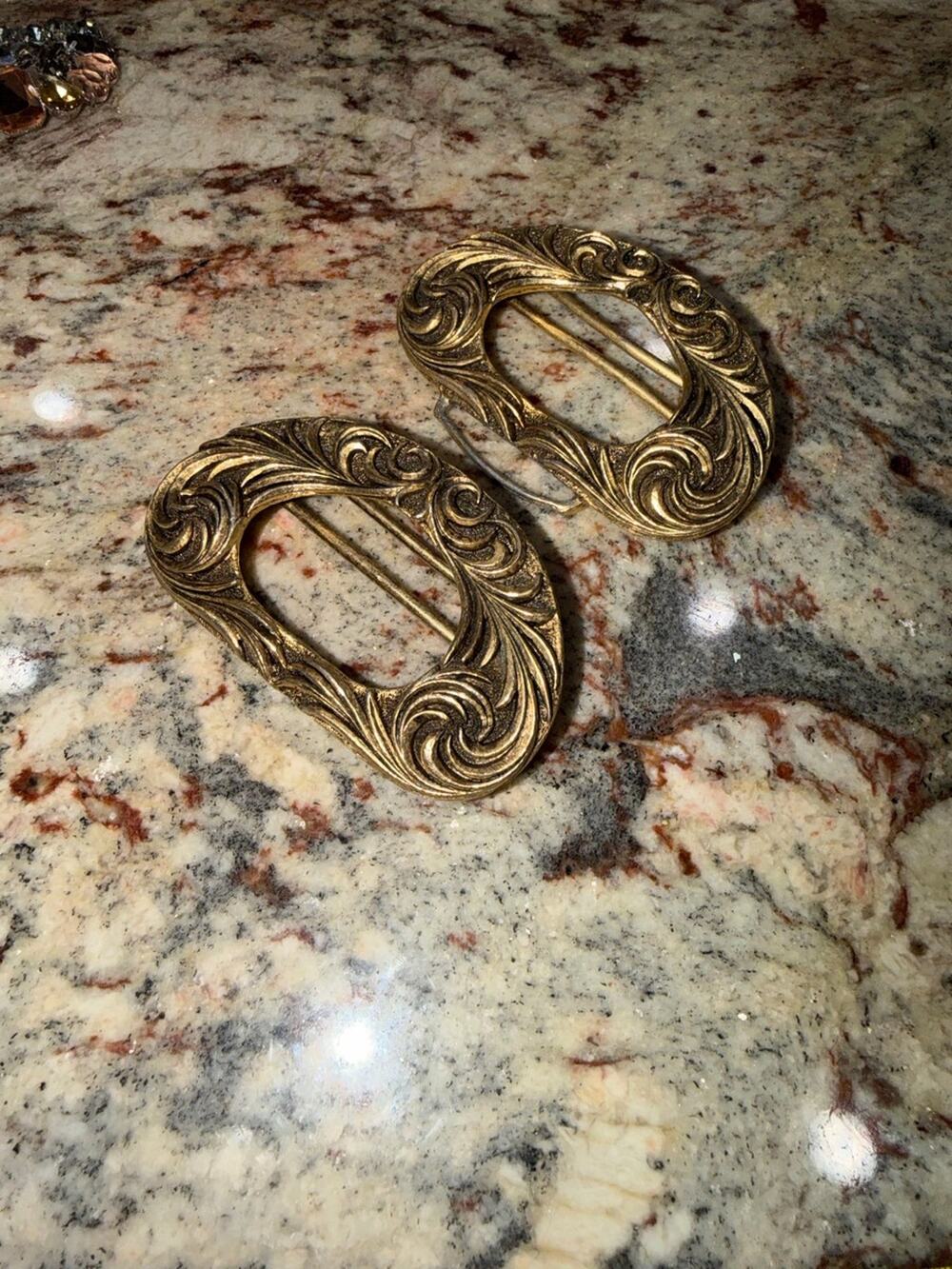 Vintage Western Scroll Brass Belt Buckle Pair